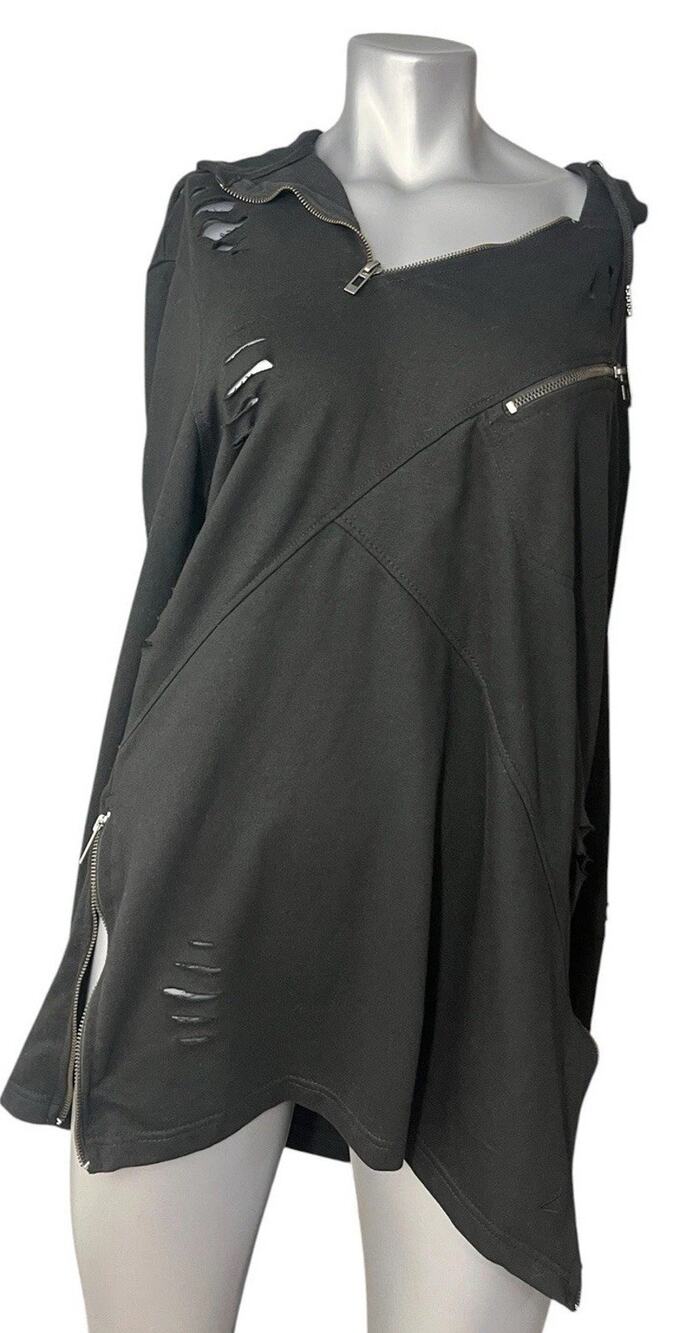 Black Hoodie Distressed Thrashed Grunge XL Streetwear Punk Asymmetrical Baddy
